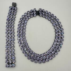 Vintage pewter tone Swarovski alexandrite rhinestones necklace bracelet parure